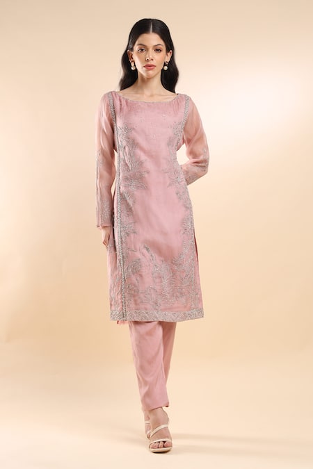 Shop_Amrta By Guneet Kondal_Pink Organza, Viscose, Silk Embroidery Round Enchanted Lake Blossom Kurta Set _Online_at_Aza_Fashions