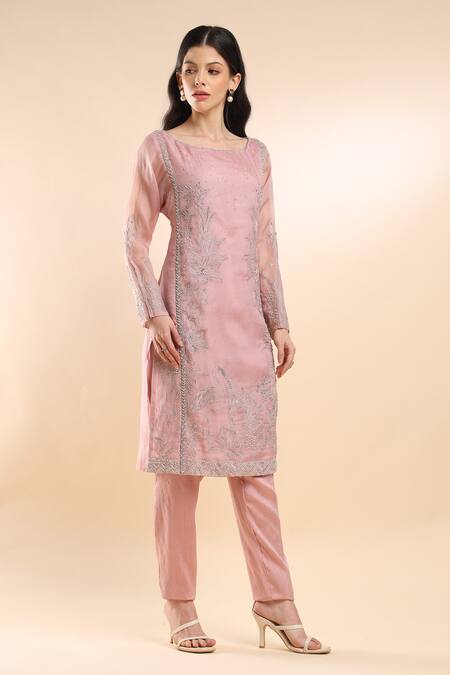 Amrta By Guneet Kondal_Pink Organza, Viscose, Silk Embroidery Round Enchanted Lake Blossom Kurta Set _at_Aza_Fashions