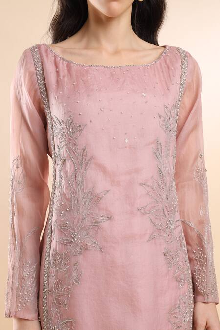Buy_Amrta By Guneet Kondal_Pink Organza, Viscose, Silk Embroidery Round Enchanted Lake Blossom Kurta Set 