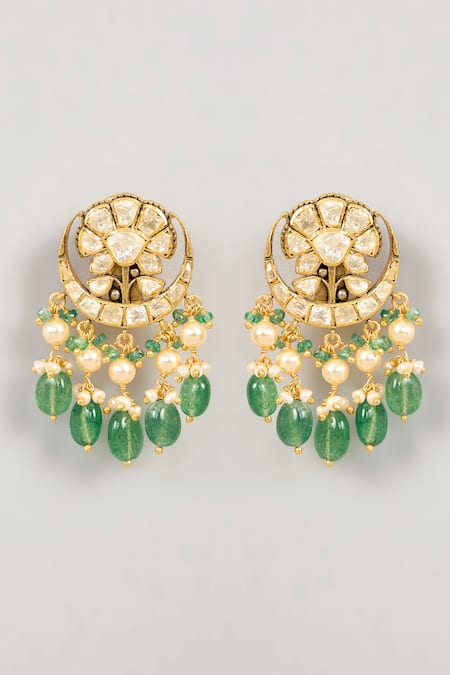 Shop_Karisa Designs_White Pearls, Crystals, Beads, Diamonds Half Crescent Shaped Earrings _at_Aza_Fashions