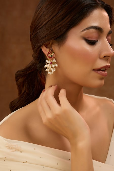 Karisa Designs Peacock Shaped Red Kundan Earrings 