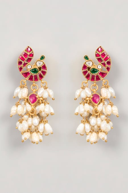Shop Karisa Designs Red Pearls, Stones, Gota Patti Peacock Shaped Kundan Earrings at Aza Fashions Shop_Karisa Designs_Red Pearls, Stones, Gota Patti Peacock Shaped Kundan Earrings _at_Aza_Fashions