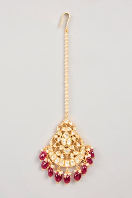 Shop_Karisa Designs_Red Moissanite Polki Maangtikka _at_Aza_Fashions