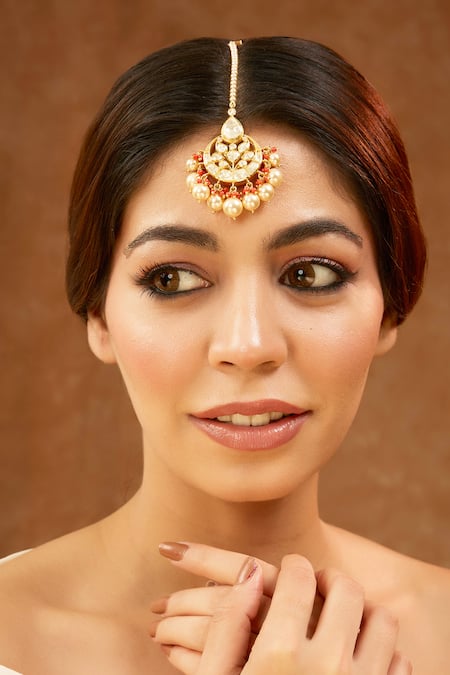 Karisa Designs Orange Pearls, Crystals Moissanite Polki Embellished Maangtikka 