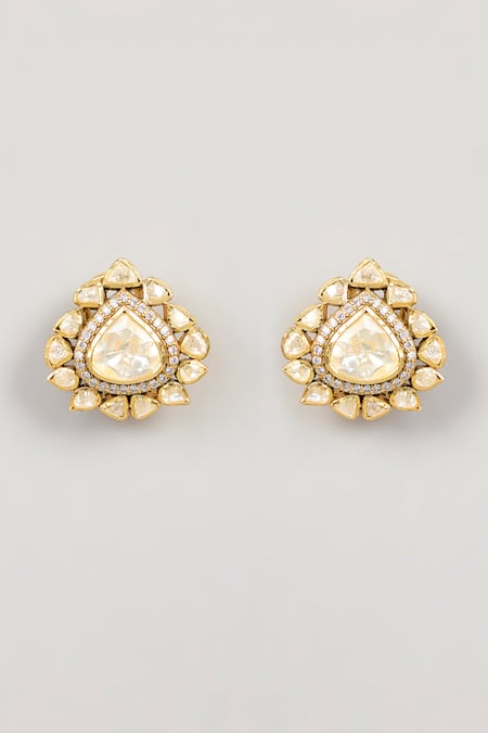 Shop Karisa Designs White Stones, Beads Victorian Moissanite Polki Stud Earrings at Aza Fashions Shop_Karisa Designs_White Stones, Beads Victorian Moissanite Polki Stud Earrings _at_Aza_Fashions