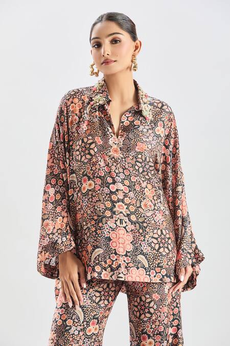 Ridhi Mehra_Black Cotton Beads Collared Floral Print Embellished Shirt And Pant Set _Online_at_Aza_Fashions