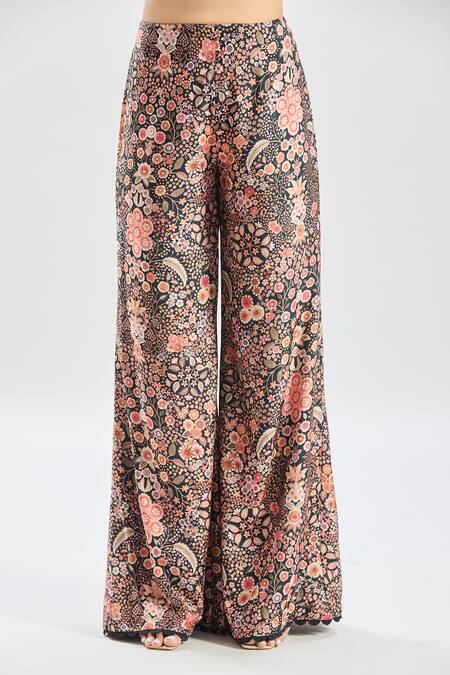 Buy_Ridhi Mehra_Black Cotton Beads Collared Floral Print Embellished Shirt And Pant Set _Online_at_Aza_Fashions