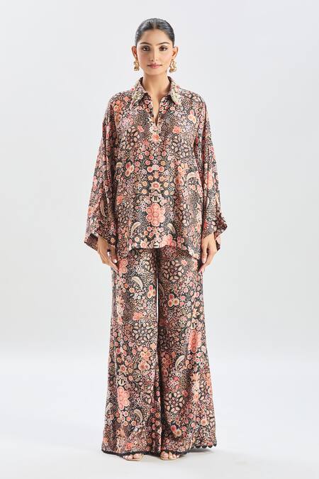 Shop_Ridhi Mehra_Black Cotton Beads Collared Floral Print Embellished Shirt And Pant Set _Online_at_Aza_Fashions