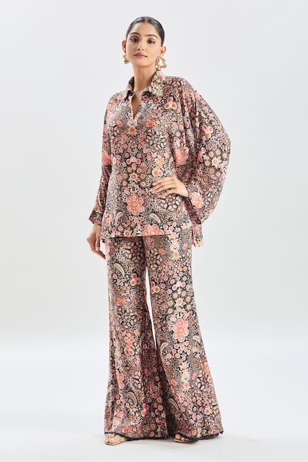 Buy_Ridhi Mehra_Black Cotton Beads Collared Floral Print Embellished Shirt And Pant Set 