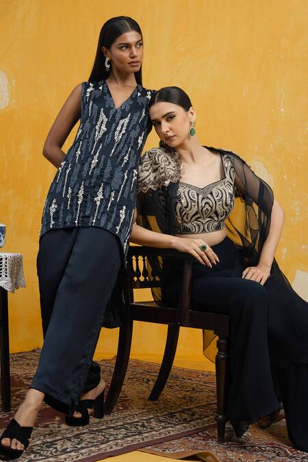 Day And Mood Blue Satin Embroidery V-neck Asymmetric Tunic And Pant Set Online at Aza Fashions Day And Mood_Blue Satin Embroidery V-neck Asymmetric Tunic And Pant Set _Online_at_Aza_Fashions