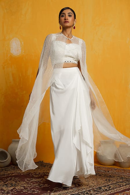 DAY AND MOOD Pearl & Cutdana Embroidered Sheer Cape & Dhoti Skirt Set 