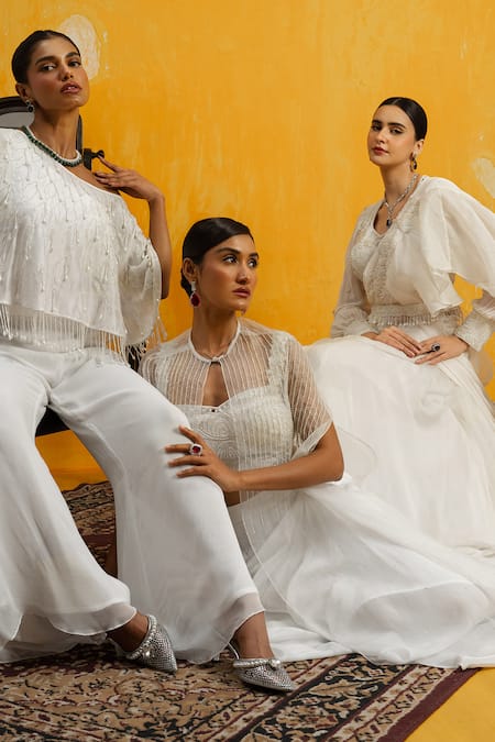 Day And Mood_White Silk, Organza, Crepe Cut Work, Pearls Embroidered Cape And Dhoti Skirt Set _Online_at_Aza_Fashions