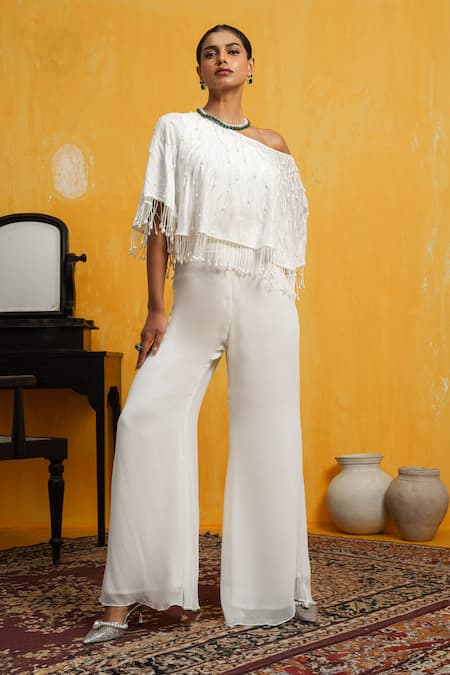 DAY AND MOOD Pearl & Cutdana Embroidered One-Shoulder Top & Pant Set 