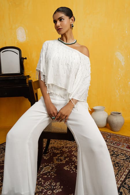 Shop Day And Mood White Silk, Georgette Pearls, Cut Work One Cape Top And Bell Bottom Pant Set at Aza Fashions Shop_Day And Mood_White Silk, Georgette Pearls, Cut Work One Cape Top And Bell Bottom Pant Set _at_Aza_Fashions