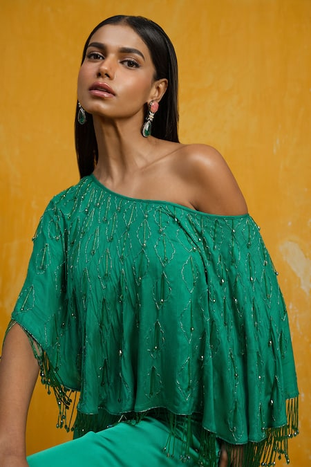 Shop Day And Mood Green Silk, Georgette, Satin Cut Work, Embroidered One-shoulder Top And Pant Set at Aza Fashions Shop_Day And Mood_Green Silk, Georgette, Satin Cut Work, Embroidered One-shoulder Top And Pant Set _at_Aza_Fashions