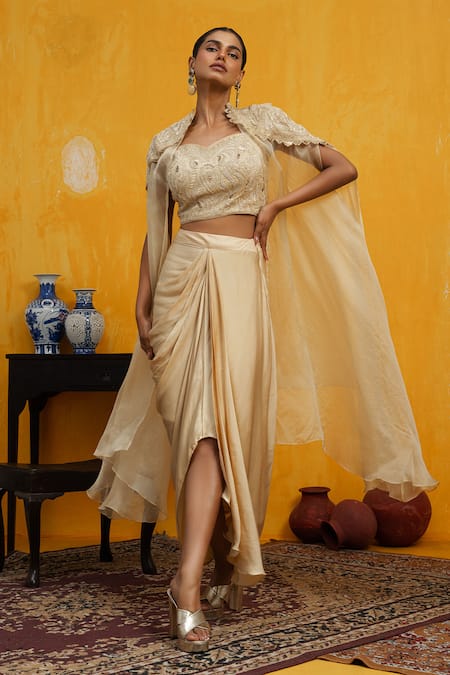 DAY AND MOOD Pearl & Sequin Embroidered Cape & Dhoti Skirt Set 