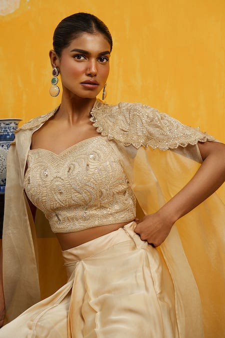 Shop Day And Mood Beige Silk, Organza, Georgette Pearls, Sequins And Embroidered Cape Dhoti Set at Aza Fashions Shop_Day And Mood_Beige Silk, Organza, Georgette Pearls, Sequins And Embroidered Cape Dhoti Set _at_Aza_Fashions