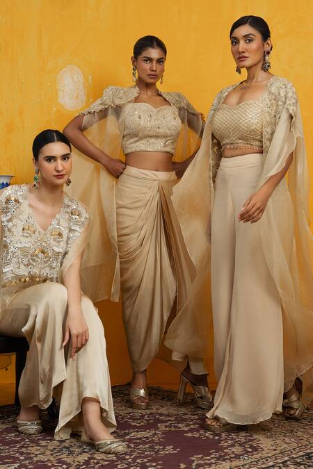 Day And Mood Beige Silk, Organza, Georgette Pearls, Sequins And Embroidered Cape Dhoti Set Online at Aza Fashions Day And Mood_Beige Silk, Organza, Georgette Pearls, Sequins And Embroidered Cape Dhoti Set _Online_at_Aza_Fashions