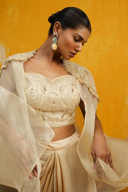 Shop Day And Mood Beige Silk, Organza, Georgette Pearls, Sequins And Embroidered Cape Dhoti Set Online at Aza Fashions Shop_Day And Mood_Beige Silk, Organza, Georgette Pearls, Sequins And Embroidered Cape Dhoti Set _Online_at_Aza_Fashions