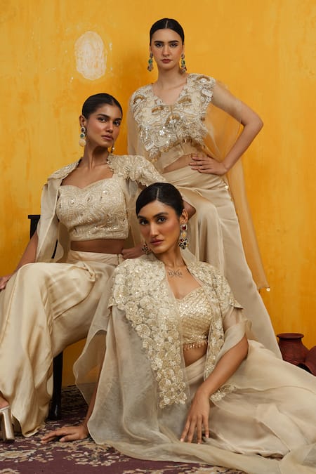 Day And Mood Beige Organza, Georgette, Satin Sequins, Mirrors Embroidered Cape And Pant Set Online at Aza Fashions Day And Mood_Beige Organza, Georgette, Satin Sequins, Mirrors Embroidered Cape And Pant Set _Online_at_Aza_Fashions