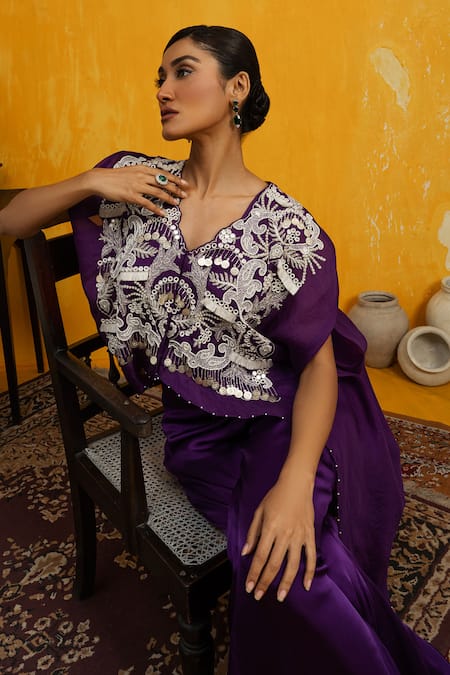 Shop Day And Mood Purple Organza, Georgette Mirrors, Embroidery V-neck Coin Kaftan Cape Set at Aza Fashions Shop_Day And Mood_Purple Organza, Georgette Mirrors, Embroidery V-neck Coin Kaftan Cape Set _at_Aza_Fashions