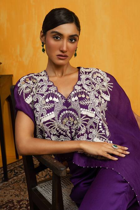 Buy Day And Mood Purple Organza, Georgette Mirrors, Embroidery V-neck Coin Kaftan Cape Set Online at Aza Fashions Buy_Day And Mood_Purple Organza, Georgette Mirrors, Embroidery V-neck Coin Kaftan Cape Set _Online_at_Aza_Fashions