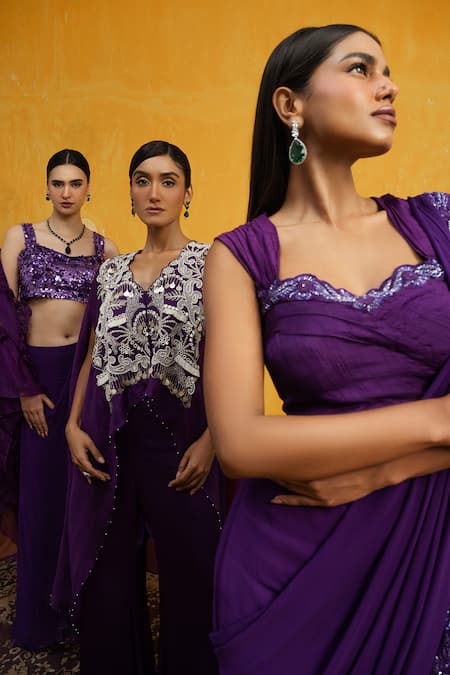 Shop Day And Mood Purple Organza, Georgette Mirrors, Embroidery V-neck Coin Kaftan Cape Set Online at Aza Fashions Shop_Day And Mood_Purple Organza, Georgette Mirrors, Embroidery V-neck Coin Kaftan Cape Set _Online_at_Aza_Fashions