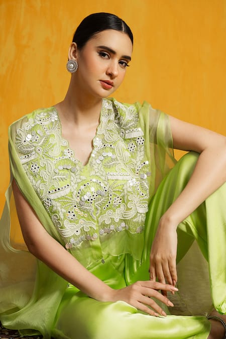 Shop Day And Mood Green Organza, Georgette, Satin Mirrors, Embroidery Coin And Kaftan Cape Set at Aza Fashions Shop_Day And Mood_Green Organza, Georgette, Satin Mirrors, Embroidery Coin And Kaftan Cape Set _at_Aza_Fashions