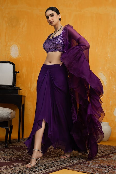 Shop Day And Mood Purple Silk, Organza, Georgette Sequins Embroidered Blouse And Dhoti Set at Aza Fashions Shop_Day And Mood_Purple Silk, Organza, Georgette Sequins Embroidered Blouse And Dhoti Set _at_Aza_Fashions