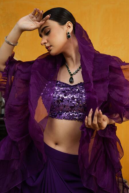 Day And Mood Purple Silk, Organza, Georgette Sequins Embroidered Blouse And Dhoti Set Online at Aza Fashions Day And Mood_Purple Silk, Organza, Georgette Sequins Embroidered Blouse And Dhoti Set _Online_at_Aza_Fashions