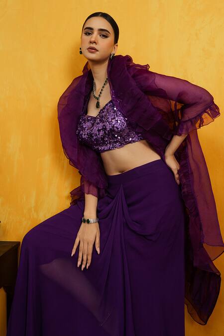 Buy Day And Mood Purple Silk, Organza, Georgette Sequins Embroidered Blouse And Dhoti Set Online at Aza Fashions Buy_Day And Mood_Purple Silk, Organza, Georgette Sequins Embroidered Blouse And Dhoti Set _Online_at_Aza_Fashions
