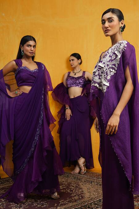 Shop Day And Mood Purple Silk, Organza, Georgette Sequins Embroidered Blouse And Dhoti Set Online at Aza Fashions Shop_Day And Mood_Purple Silk, Organza, Georgette Sequins Embroidered Blouse And Dhoti Set _Online_at_Aza_Fashions