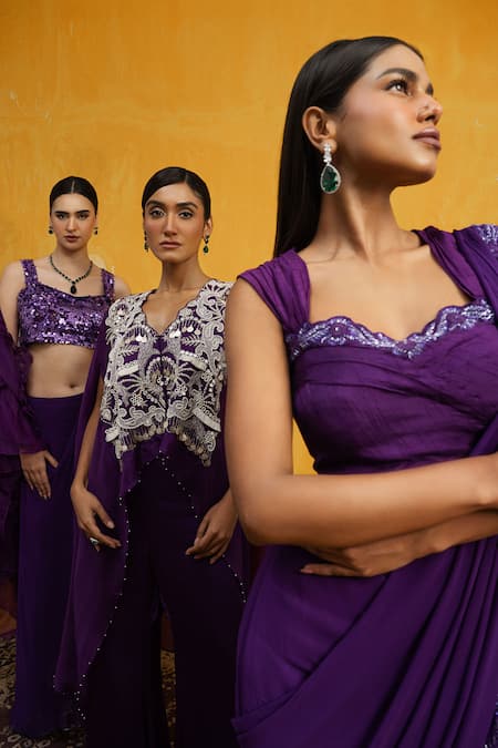 Day And Mood Purple Silk, Organza, Georgette Sequins Embroidered Blouse And Dhoti Set at Aza Fashions Day And Mood_Purple Silk, Organza, Georgette Sequins Embroidered Blouse And Dhoti Set _at_Aza_Fashions