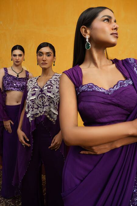 Day And Mood_Purple Silk, Organza, Georgette Cut Embroidered Border Pre-draped Saree And Blouse _at_Aza_Fashions