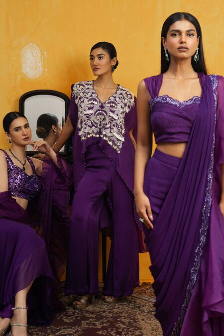 Buy_Day And Mood_Purple Silk, Organza, Georgette Cut Embroidered Border Pre-draped Saree And Blouse 