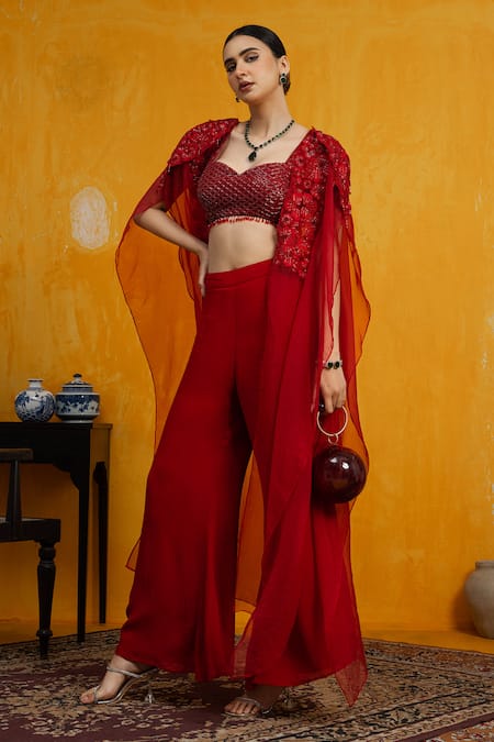 DAY AND MOOD Cutdana Embroidered Cape & Bell Bottom Pant Set 