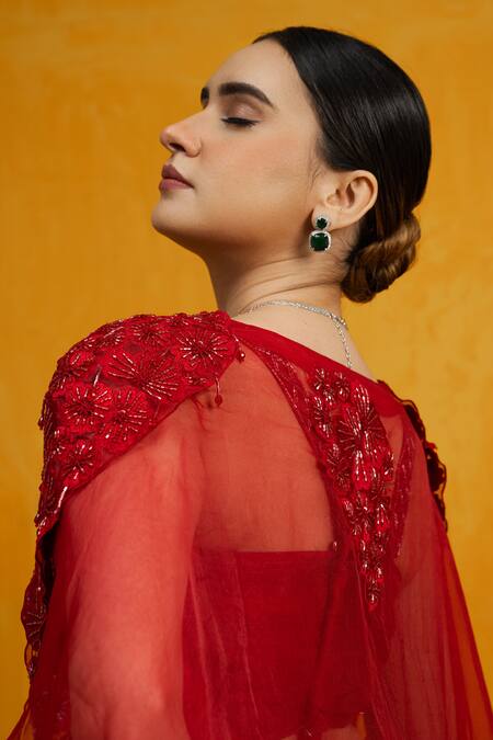 Shop Day And Mood Red Silk, Georgette Cut Work Sweetheart Neck Cutdana Embroidered Cape And Pant Set at Aza Fashions Shop_Day And Mood_Red Silk, Georgette Cut Work Sweetheart Neck Cutdana Embroidered Cape And Pant Set _at_Aza_Fashions
