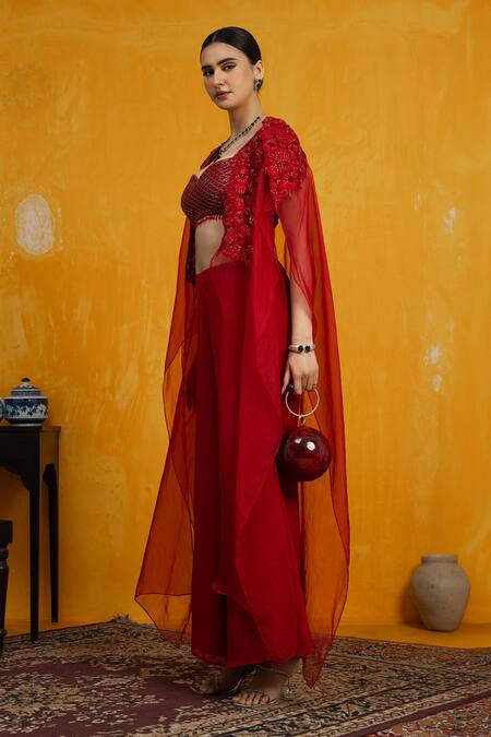 Day And Mood Red Silk, Georgette Cut Work Sweetheart Neck Cutdana Embroidered Cape And Pant Set Online at Aza Fashions Day And Mood_Red Silk, Georgette Cut Work Sweetheart Neck Cutdana Embroidered Cape And Pant Set _Online_at_Aza_Fashions