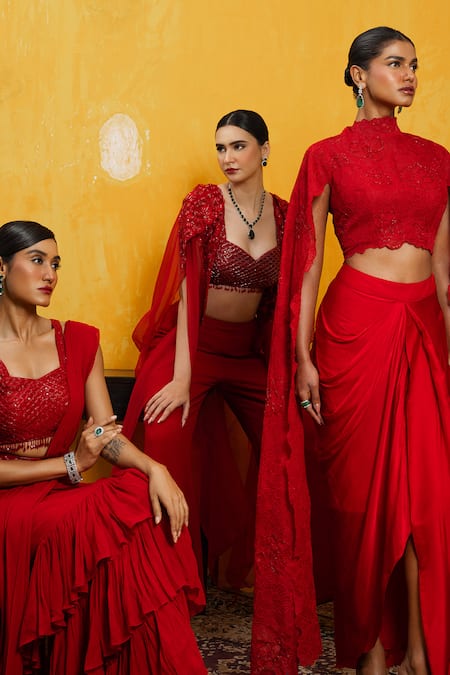 Shop Day And Mood Red Silk, Georgette Cut Work Sweetheart Neck Cutdana Embroidered Cape And Pant Set Online at Aza Fashions Shop_Day And Mood_Red Silk, Georgette Cut Work Sweetheart Neck Cutdana Embroidered Cape And Pant Set _Online_at_Aza_Fashions