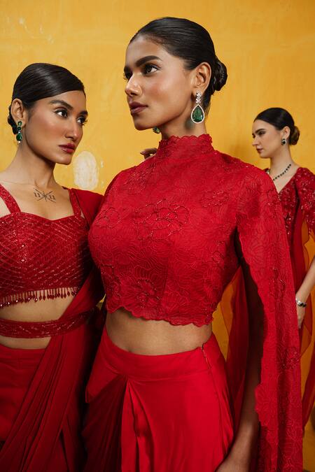Day And Mood Red Silk, Georgette Cut Work Sweetheart Neck Cutdana Embroidered Cape And Pant Set at Aza Fashions Day And Mood_Red Silk, Georgette Cut Work Sweetheart Neck Cutdana Embroidered Cape And Pant Set _at_Aza_Fashions