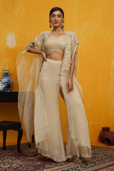 DAY AND MOOD Cutdana & Thread Embroidered Cape & Bell Bottom Pant Set 