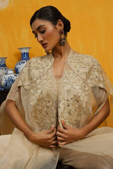 Day And Mood Beige Silk, Organza, Georgette Cut Work, Embroidery Cutdana Cape And Pant Set Online at Aza Fashions Day And Mood_Beige Silk, Organza, Georgette Cut Work, Embroidery Cutdana Cape And Pant Set _Online_at_Aza_Fashions