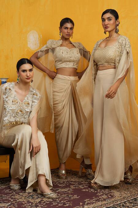 Buy Day And Mood Beige Silk, Organza, Georgette Cut Work, Embroidery Cutdana Cape And Pant Set Online at Aza Fashions Buy_Day And Mood_Beige Silk, Organza, Georgette Cut Work, Embroidery Cutdana Cape And Pant Set _Online_at_Aza_Fashions