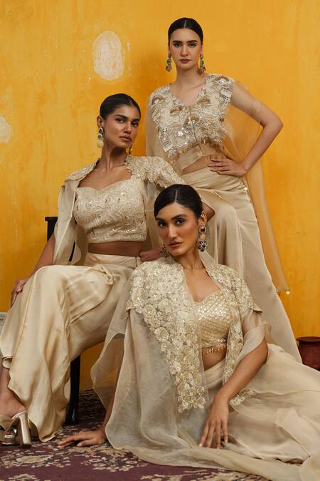 Shop Day And Mood Beige Silk, Organza, Georgette Cut Work, Embroidery Cutdana Cape And Pant Set Online at Aza Fashions Shop_Day And Mood_Beige Silk, Organza, Georgette Cut Work, Embroidery Cutdana Cape And Pant Set _Online_at_Aza_Fashions