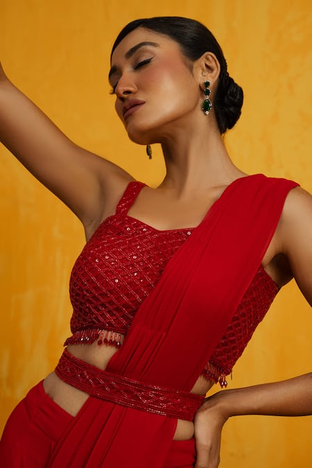 Shop Day And Mood Red Silk, Organza, Georgette Tassels, Cutdana Embroidered Pre-draped Saree Set at Aza Fashions Shop_Day And Mood_Red Silk, Organza, Georgette Tassels, Cutdana Embroidered Pre-draped Saree Set _at_Aza_Fashions