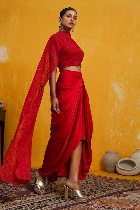 Shop Day And Mood Red Organza, Georgette Cut Work High Cutdana Embroidered Top And Draped Skirt Set at Aza Fashions Shop_Day And Mood_Red Organza, Georgette Cut Work High Cutdana Embroidered Top And Draped Skirt Set _at_Aza_Fashions