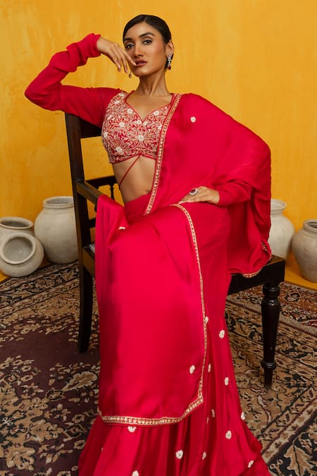 Shop_Day And Mood_Red Georgette, Silk Pearls, Sequins, Embroidery Floral Blouse And Skirt Set _at_Aza_Fashions