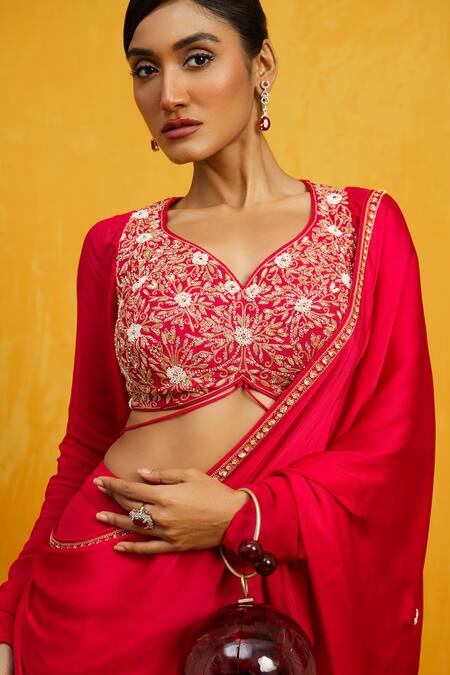 Day And Mood_Red Georgette, Silk Pearls, Sequins, Embroidery Floral Blouse And Skirt Set _Online_at_Aza_Fashions