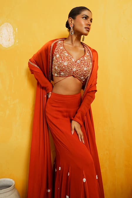Buy Day And Mood Orange Silk, Georgette Pearls, Sequins Embroidered Work Fusion Lehenga Set Online at Aza Fashions Buy_Day And Mood_Orange Silk, Georgette Pearls, Sequins Embroidered Work Fusion Lehenga Set _Online_at_Aza_Fashions