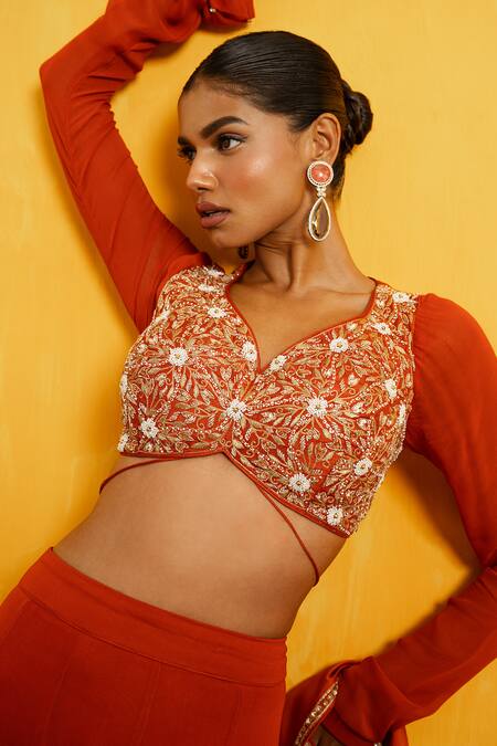 Shop Day And Mood Orange Silk, Georgette Pearls, Sequins Embroidered Work Fusion Lehenga Set Online at Aza Fashions Shop_Day And Mood_Orange Silk, Georgette Pearls, Sequins Embroidered Work Fusion Lehenga Set _Online_at_Aza_Fashions